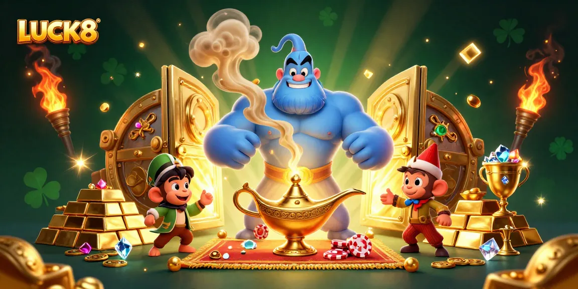 Experience LUCK8 with vibrant casino magic, featuring a blue genie and poker elements.