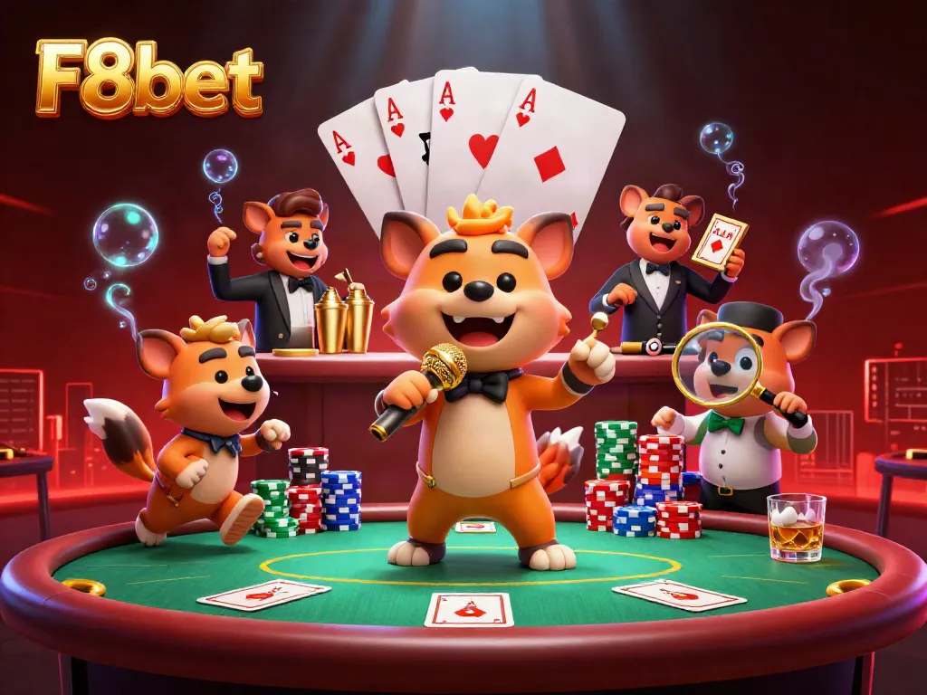 F8bet spirited hyenas performing in a vibrant casino atmosphere packed with poker and gaming elements.