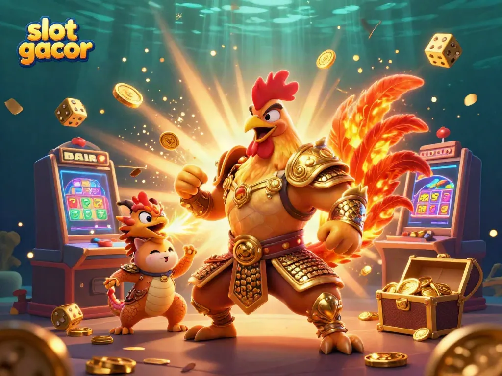 Experience thrilling gameplay with slot gacor as a rooster warrior, dragon hatchling, and lucky cat amidst jackpots and coins.