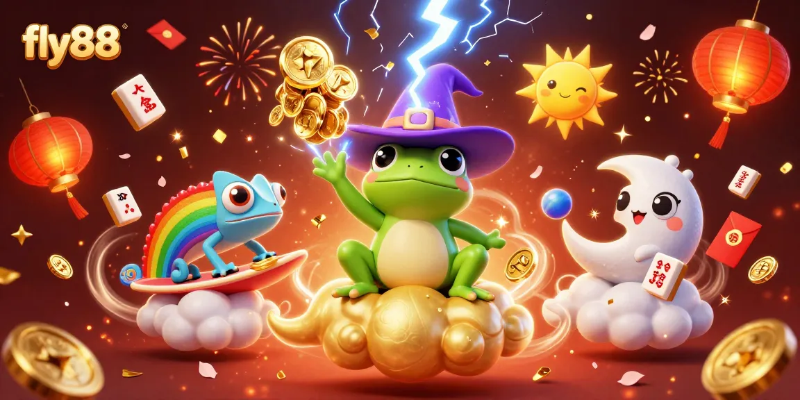Experience fly88's excitement with a magical storm of coins and vibrant casino elements in this dynamic illustration.