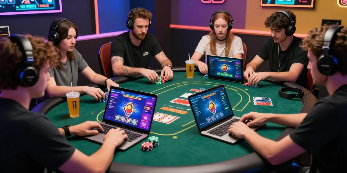 Situs Poker Uang Asli Dewapoker players engaged in a thrilling online poker game with modern devices and vibrant game interfaces.