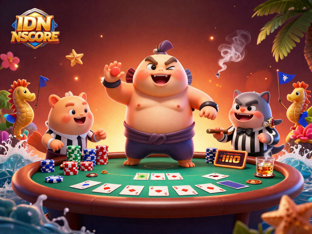 Engage with IDNSCORE through a vibrant 3D illustration showcasing lively casino action and playful characters.