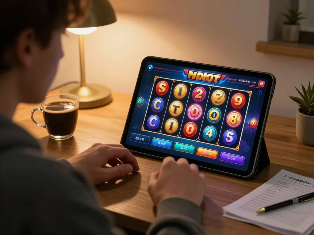 Engaging Slot Demo gameplay on a tablet with colorful reels in a cozy home setting.