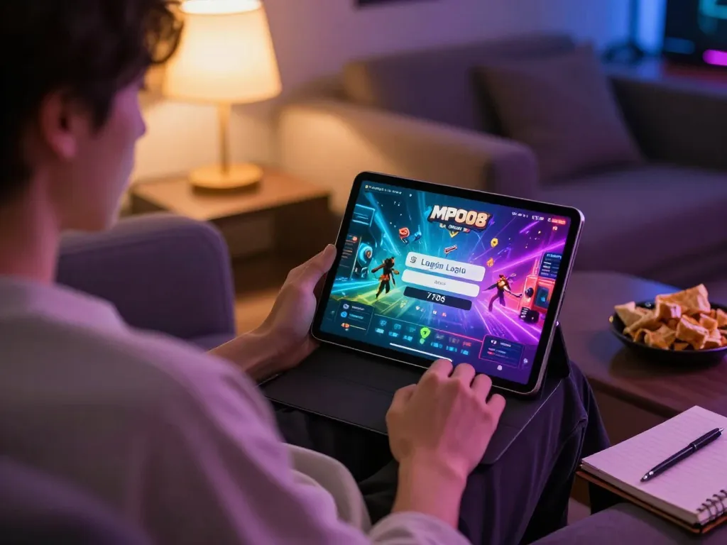 MPO08 Login 778: Engaging with vibrant online gaming on a tablet in a cozy home setting.