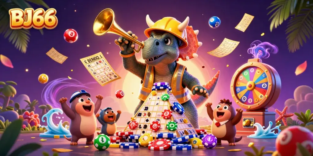 Experience the thrill of BJ66 with a triceratops building poker chip towers amidst a vibrant casino celebration.
