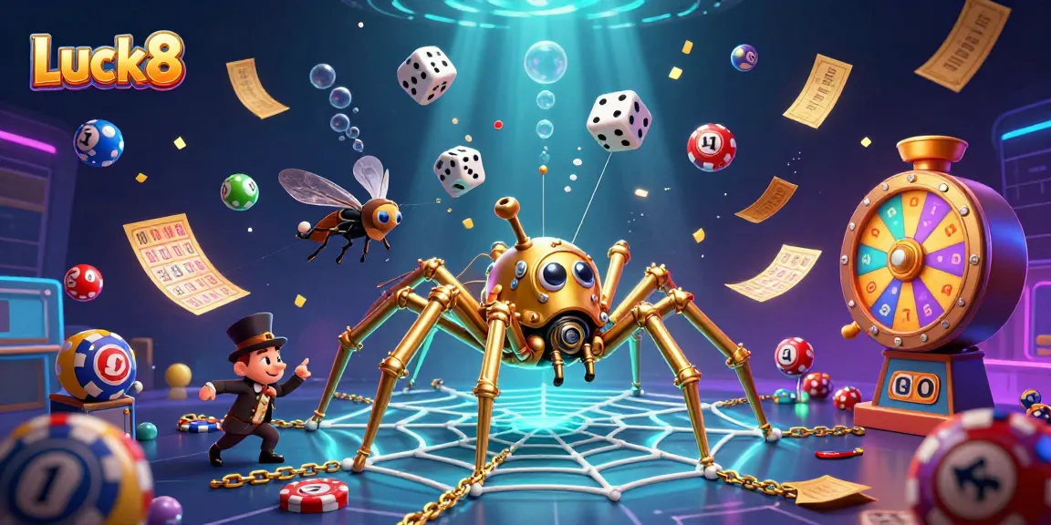 Luck8 showcases an exciting steampunk-themed casino scene with a golden spider and lottery elements.