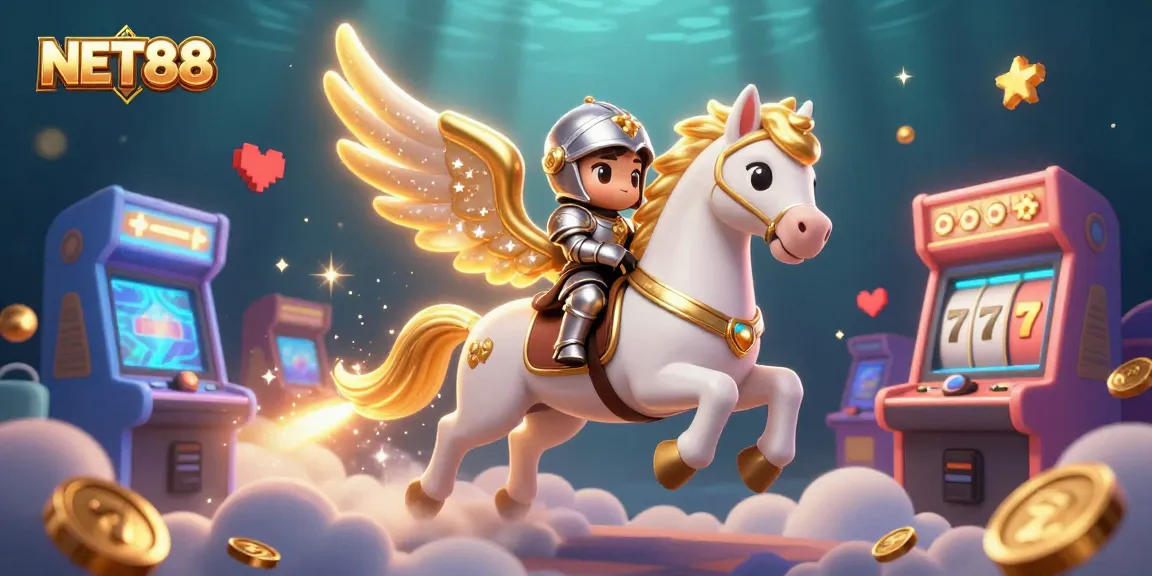 Experience thrilling gameplay with NET88's vibrant casino scene featuring a mystical horse and arcade elements.
