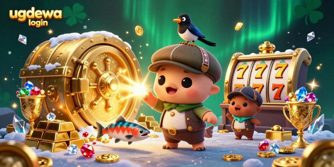 Experience the fun of ugdewa login gaming in this vibrant illustration filled with slot reels and treasure.
