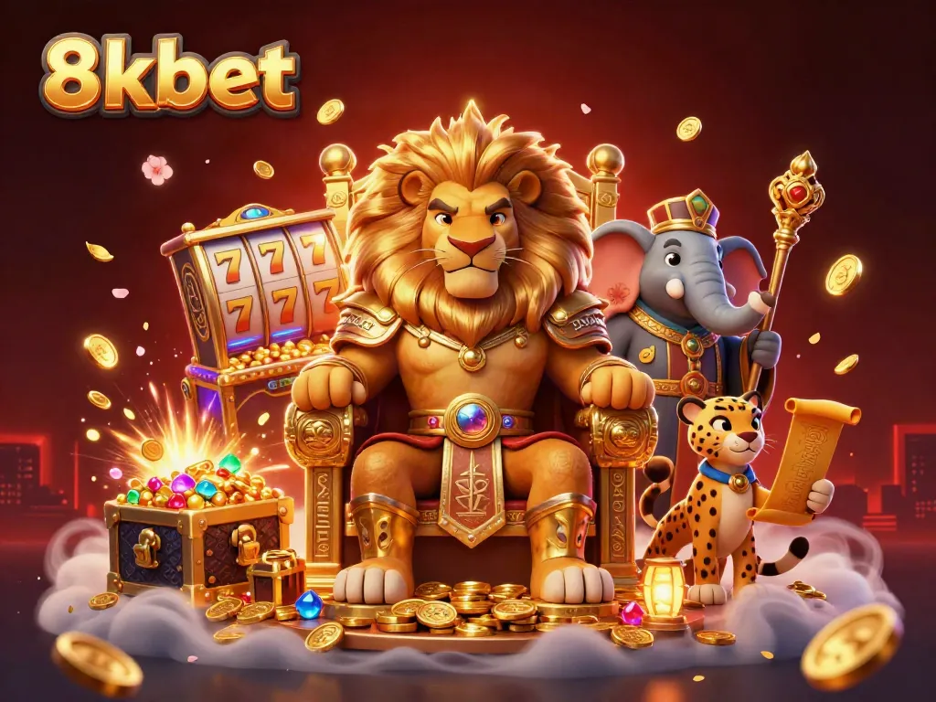 Experience the excitement of 8xbet with vibrant visuals of a lion king and tropical casino elements.
