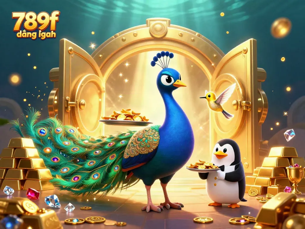 Engage in thrilling casino action with 789f đăng nhập, showcasing vibrant characters and an opulent treasure scene.