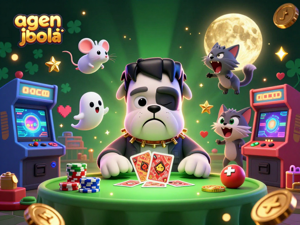 Engage with agen judi bola while a bulldog monster deals cards in a spooky casino scene.