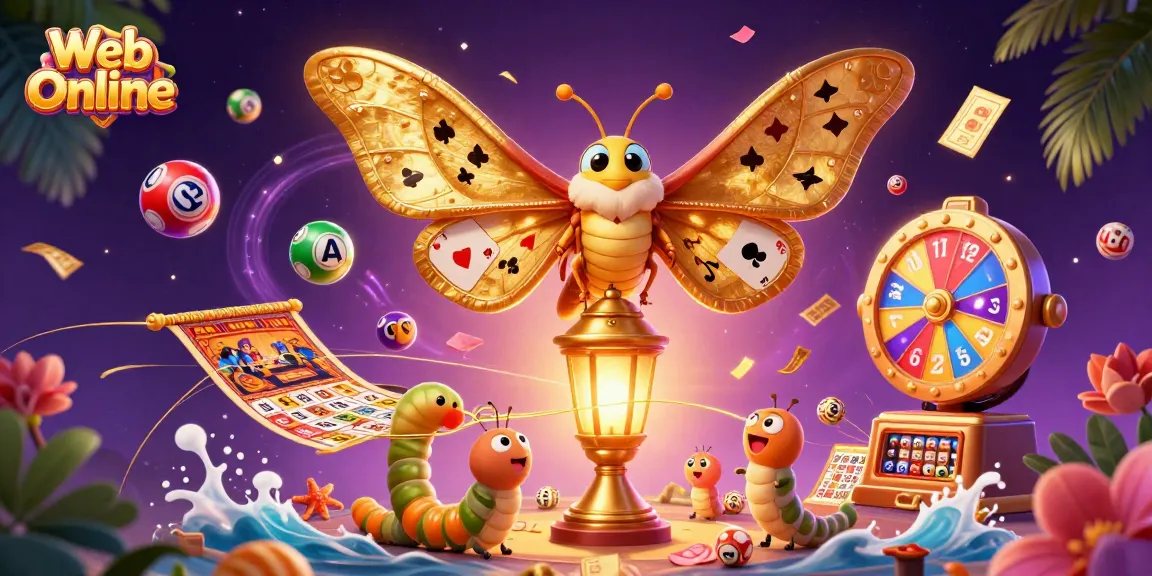 Experience Web Online gaming with vibrant illustrations of playful lottery elements and a majestic atlas moth.