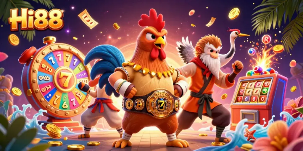Experience thrilling slots at Hi88 with vibrant characters and dynamic gaming elements in a spectacular 3D illustration.