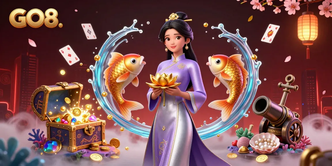 Experience the winning ambiance of GO8 with an elegant Asian woman amidst golden treasures in a vibrant casino scene.