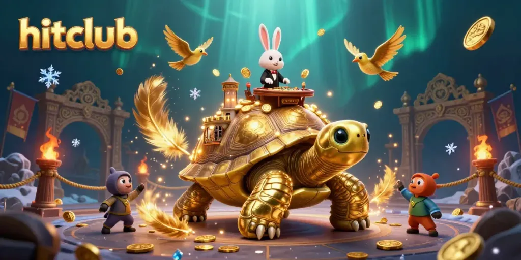Experience the thrill of hitclub with a golden tortoise casino, rabbit dealer, and flying coins.