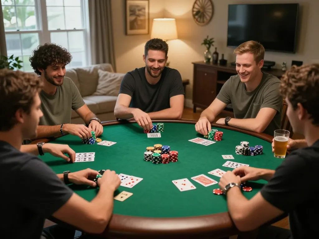 Giocatori coinvolti in una serata di poker a casa che si godono l'azione delle scommesse non AAMS con interazioni vivaci.