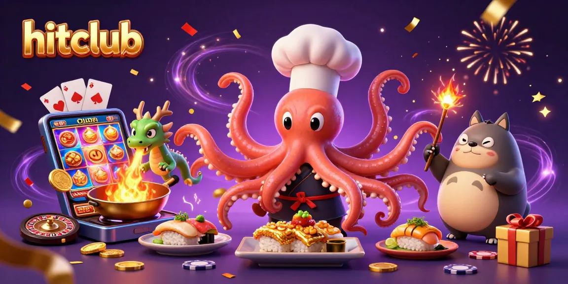 Join the excitement of hitclub with a sushi chef octopus, dragon, and gambler, showcasing thrilling casino elements.