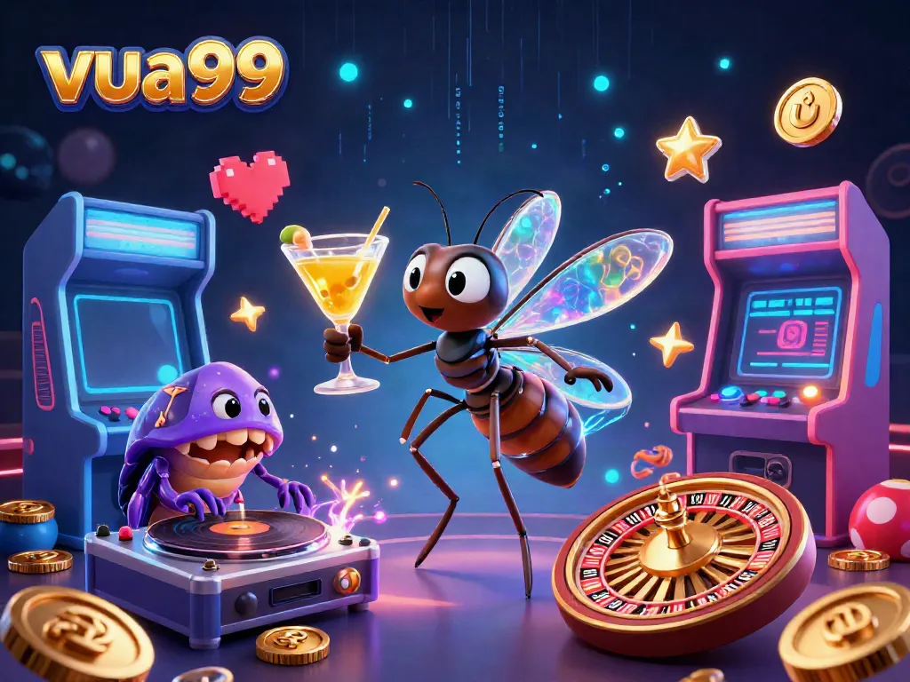 Win big at vua99 with this vibrant 3D casino illustration showcasing exciting game elements and characters.