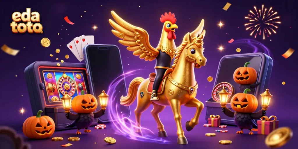 Engage in thrilling gameplay with eda toto as golden rooster rides a spectral horse in a vibrant casino scene.