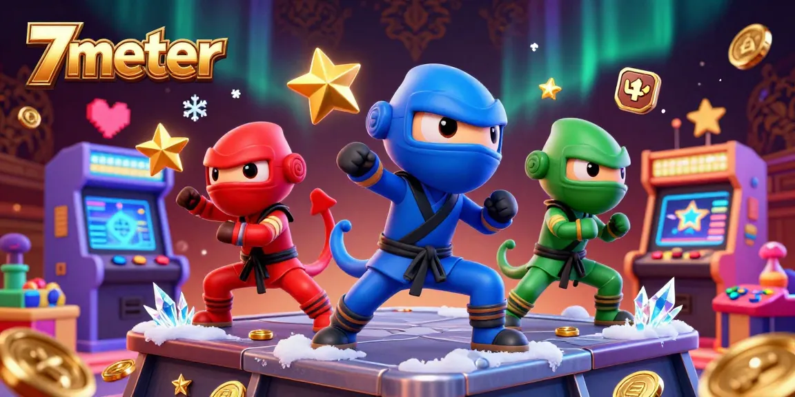Experience thrilling gaming with 7meter's vibrant illustration featuring chameleons and arcade elements.
