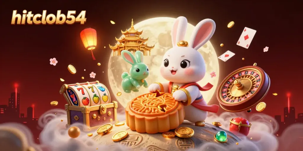 Experience the excitement of hitclub54 with a dynamic 3D casino-themed moon scene featuring poker chips and lucky symbols.