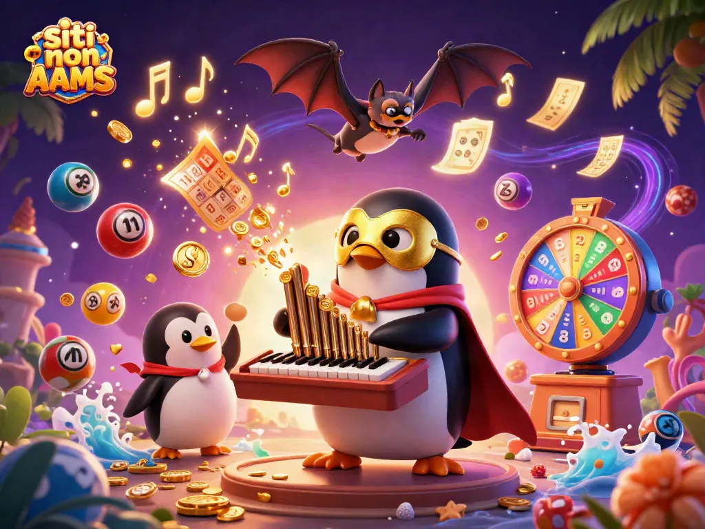 Giocando nei siti non AAMS, un pinguino in costume suona un organo che spara monete dorate.