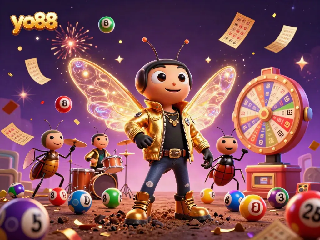 Join the excitement at yo88 with a vibrant scene featuring lottery balls, a rock star cicada, and festive elements.