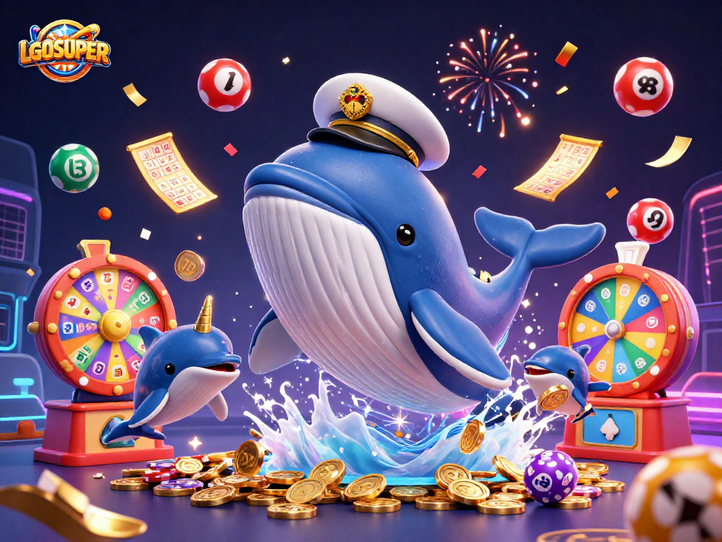 Experience the fun of LGOSUPER with a whale, narwhal, and dolphins amidst vibrant gaming elements.