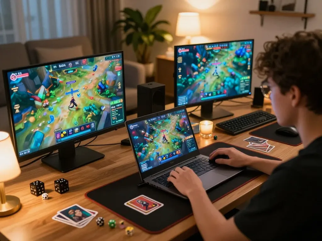 KADAL 778 online gaming setup with a user engaged in strategic gameplay, showcasing laptop and gaming accessories.