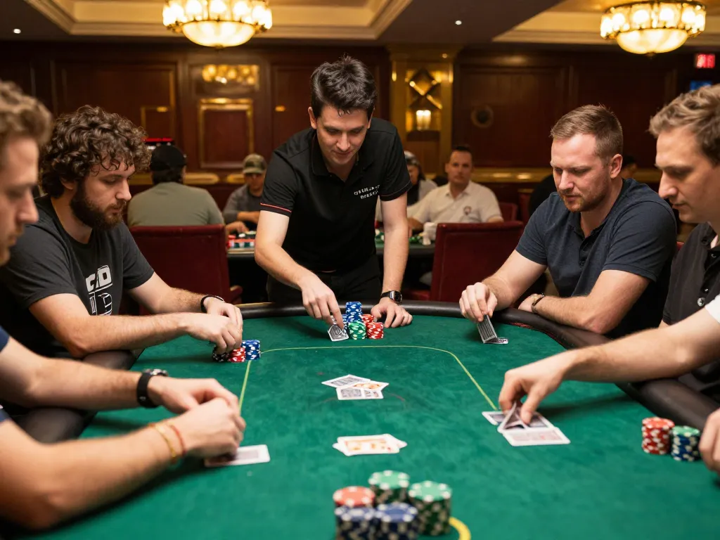 Players strategizing in a lively poker game at sunhouseofficial casino, showcasing tense gameplay and chip stacks