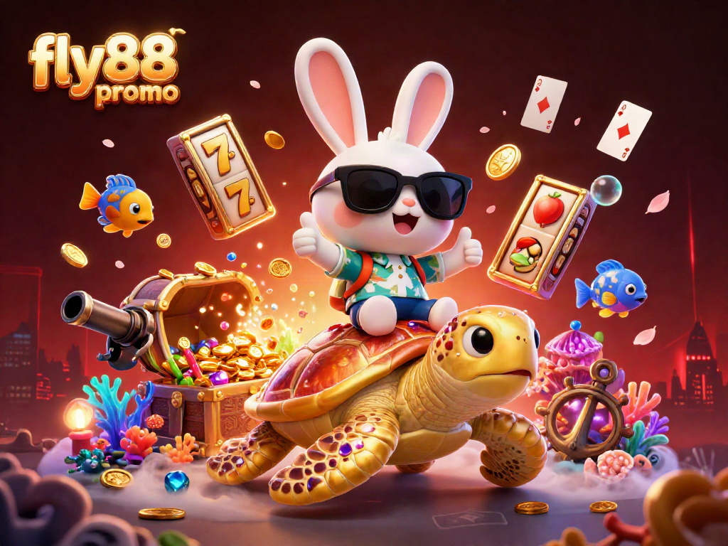 Join the fun with the fly88 promo featuring lucky rabbit and golden turtle amidst lively casino elements.