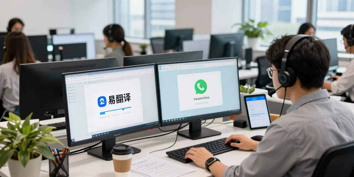 通过易翻译下载，专业客服代表在现代办公环境中进行多语言实时翻译。