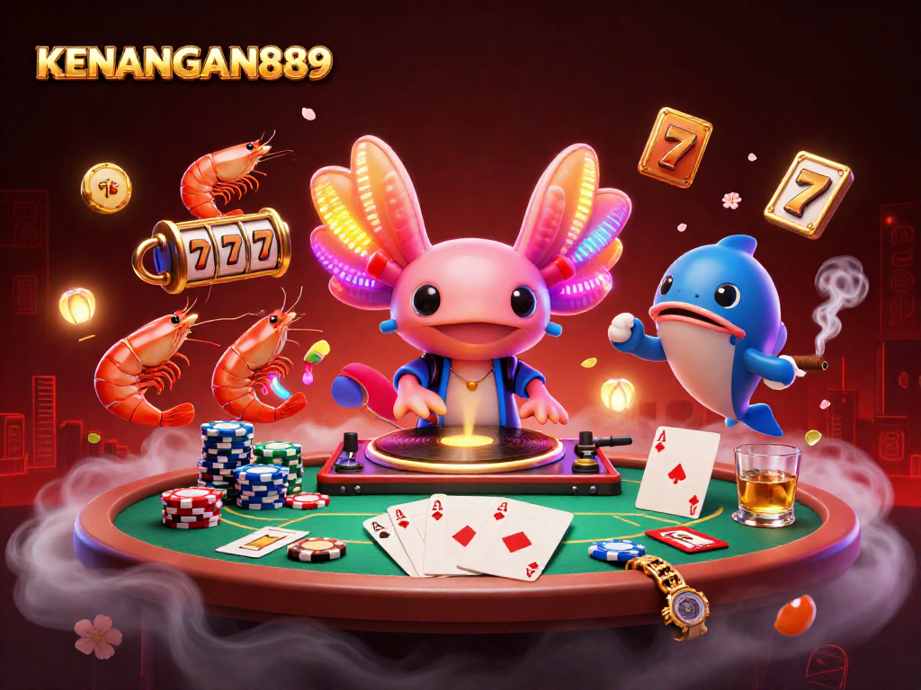 Experience the vibrant world of KENANGAN889 with a neon-colored axolotl DJ and lively casino elements.