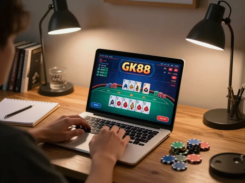 Engaging player strategizing on GK88 online poker game while taking notes in cozy home environment.