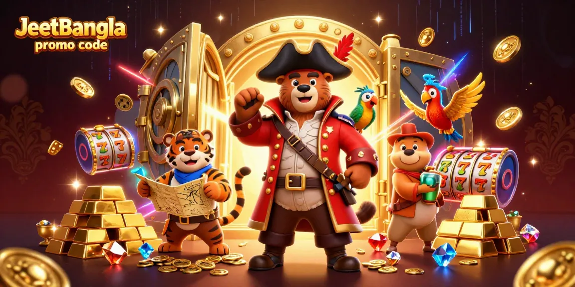 Win big with JeetBangla promo code, featuring vibrant pirate and tiger characters amid treasures and exciting gaming elements.