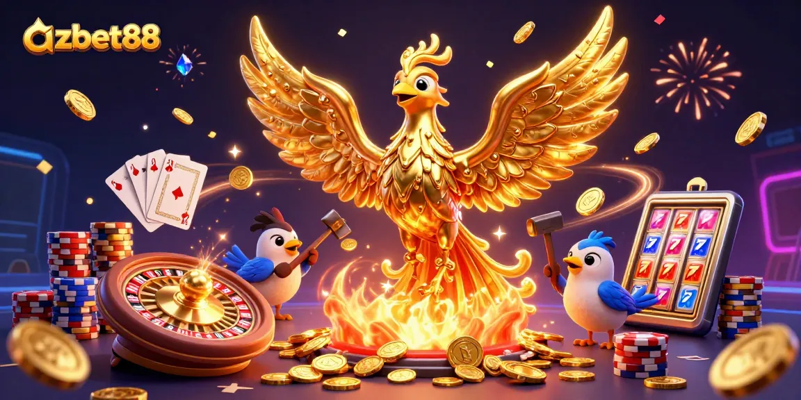 Experience thrilling gameplay with azbet88 in this vibrant 3D casino illustration showcasing dynamic gaming elements.