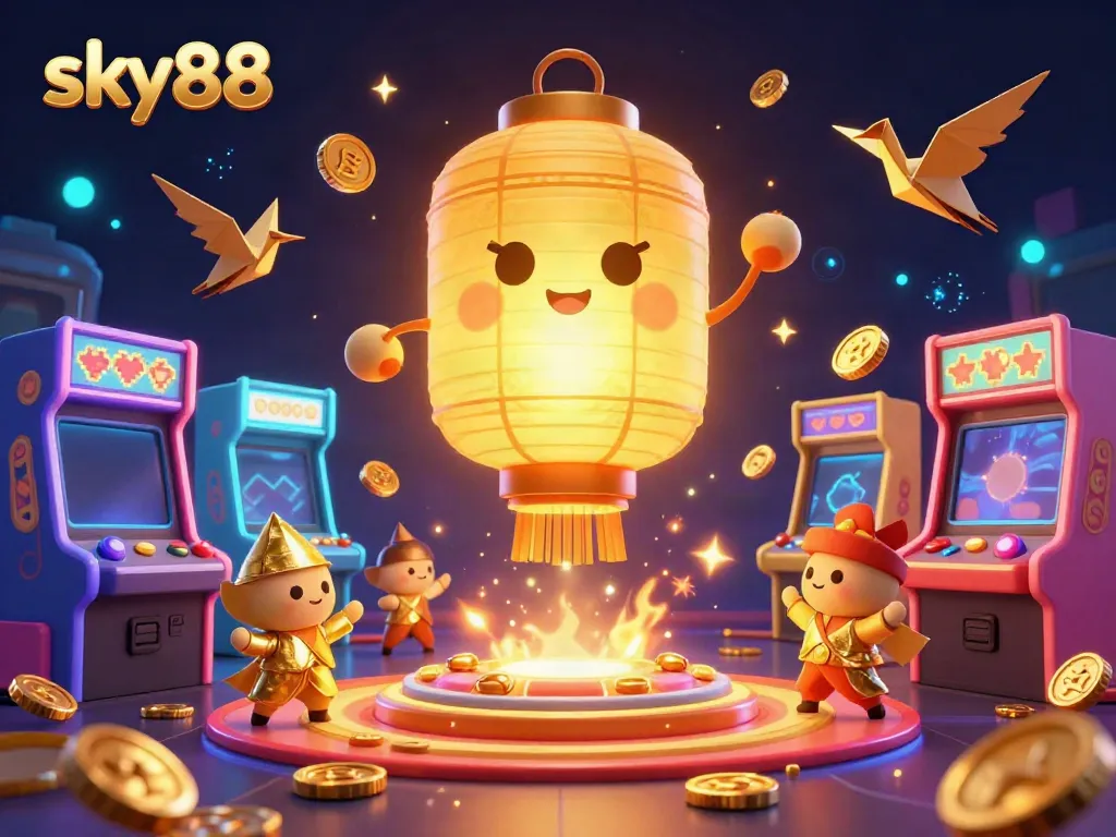 Experience the magic of sky88 with animated golden spirits and vibrant casino games.
