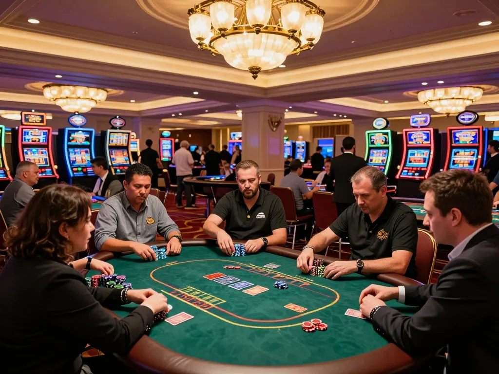 Players engaging in strategic poker gameplay at the UG DEWA casino, displaying dynamic action with cards and chips.