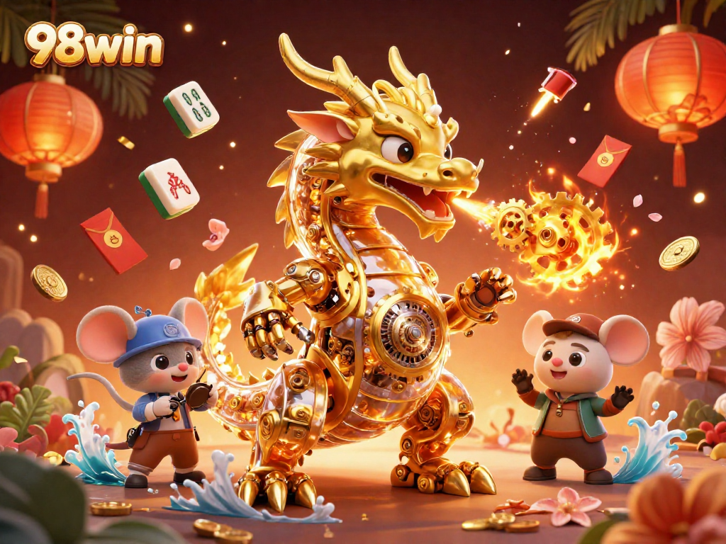 Experience the thrill at 98win with a vibrant 3D casino scene featuring a golden dragon.