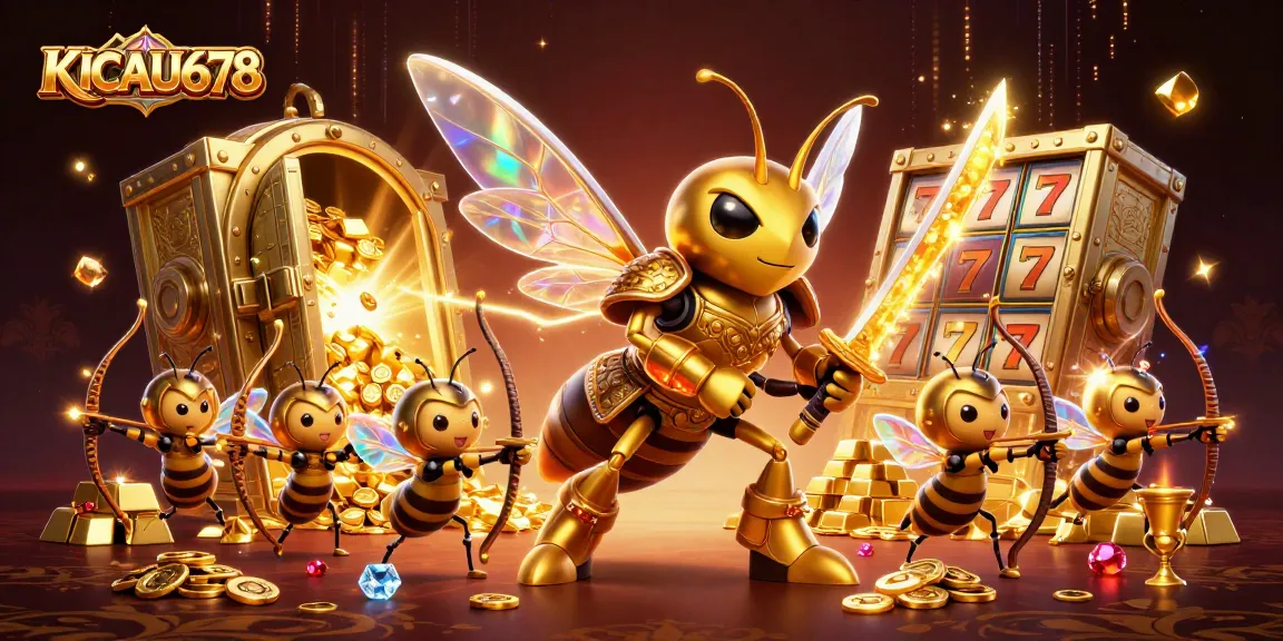 KICAU678 showcases a thrilling slot scene with a golden hornet and bee archers amidst dazzling gems and treasures.