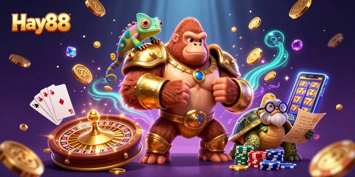 Experience the vibrant world of Hay88 with exciting gaming action, glittering coins, and dynamic characters.