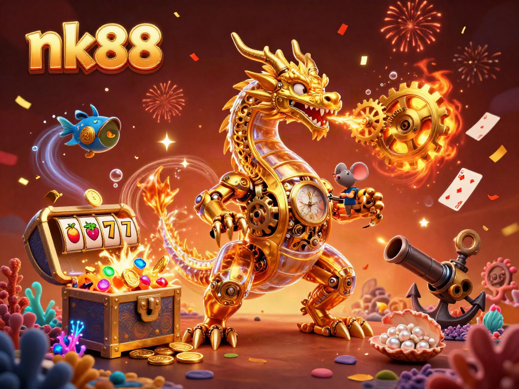 nk88 slot gaming scene featuring a golden dragon, vibrant slot reels, and colorful gems