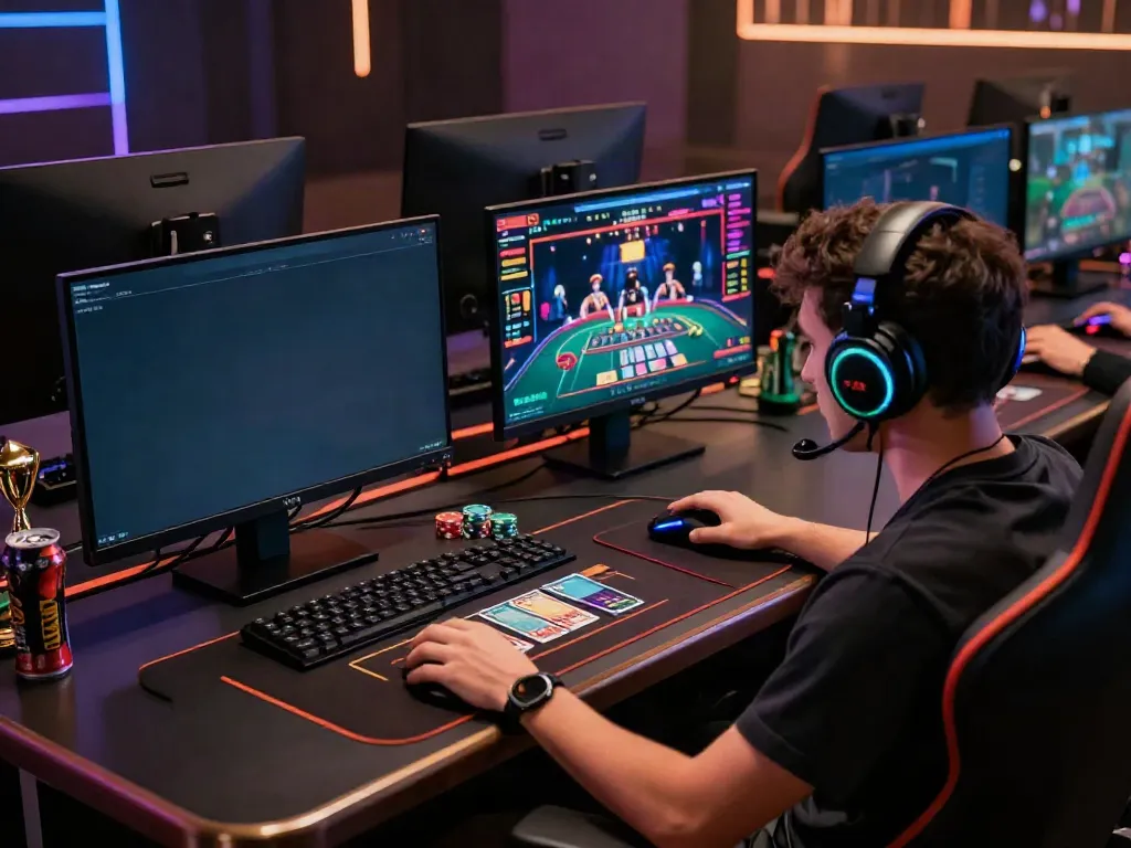 Engaged player in a dynamic red88 online casino game setting with dual screen setup and ambient lighting