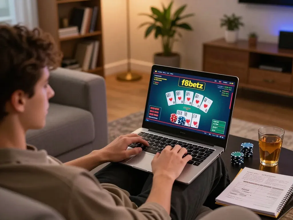 Person playing blackjack on f8betz laptop with strategic notes at cozy home