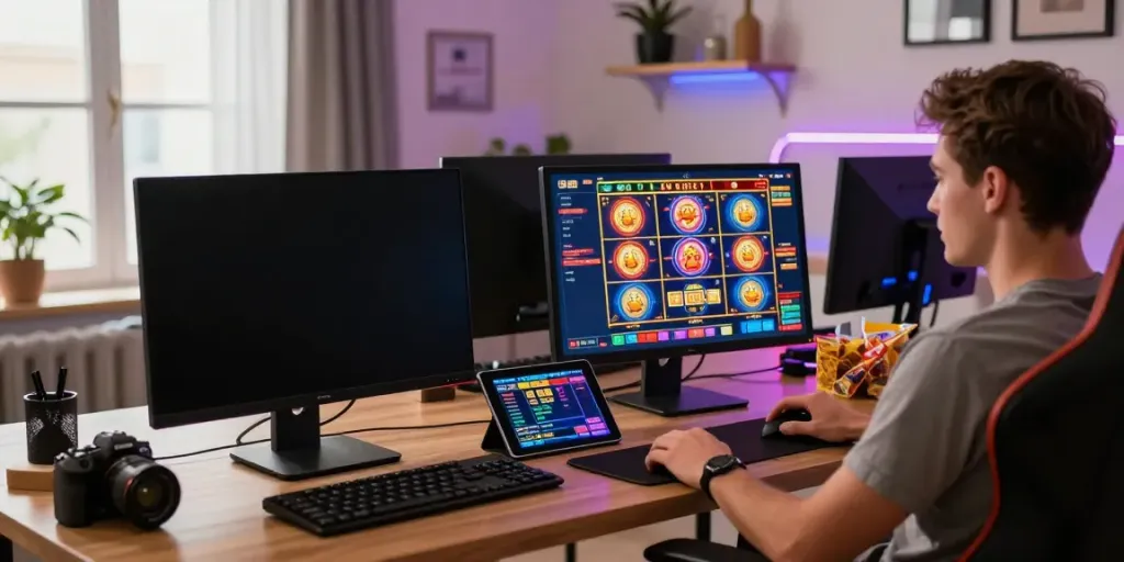 Engaging scene of a player enjoying mastercard casinos at home with vibrant games on screen.