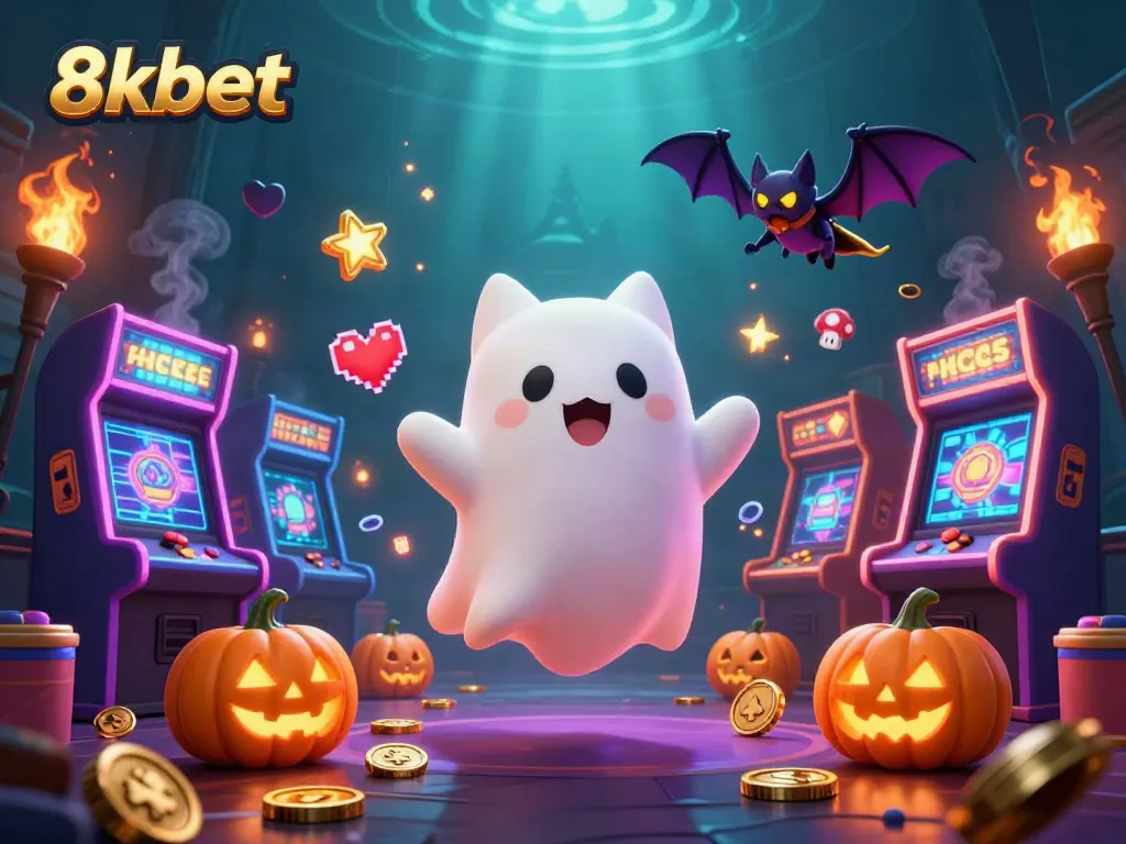 Play 8xbet casino games with a spooky ghost cat and colorful arcade elements in a haunted setting.