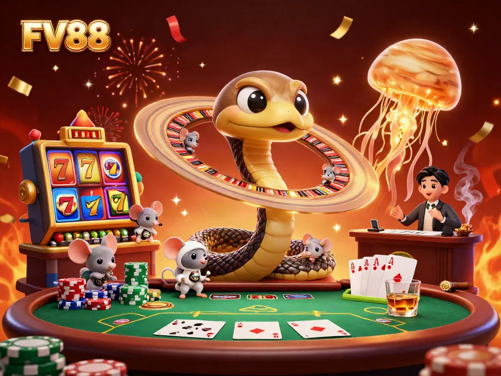 Experience the thrilling FV88 casino world with a cosmic twist as astronaut mice bet on a roulette-like Saturn.