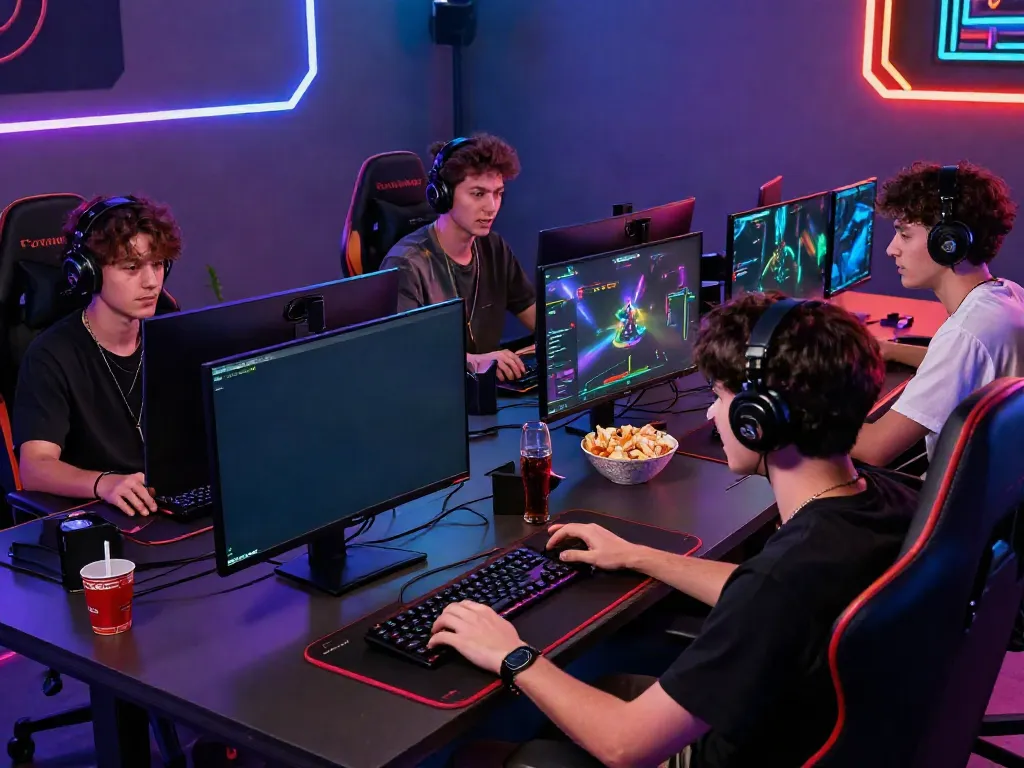 Engaging scene of young men enjoying gaming at Manclub platform, showcasing modern tech and ambiance.