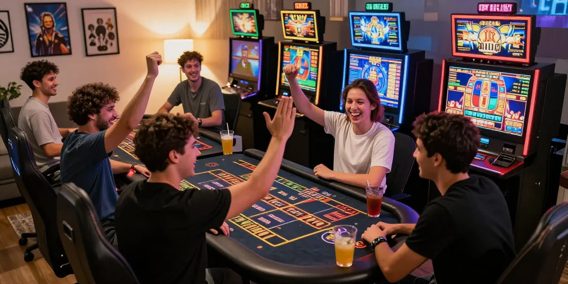 Engaged players enjoying Slot Gacor Hari Ini Kartupoker at a vibrant online casino setup with colorful machines and dynamic gameplay.