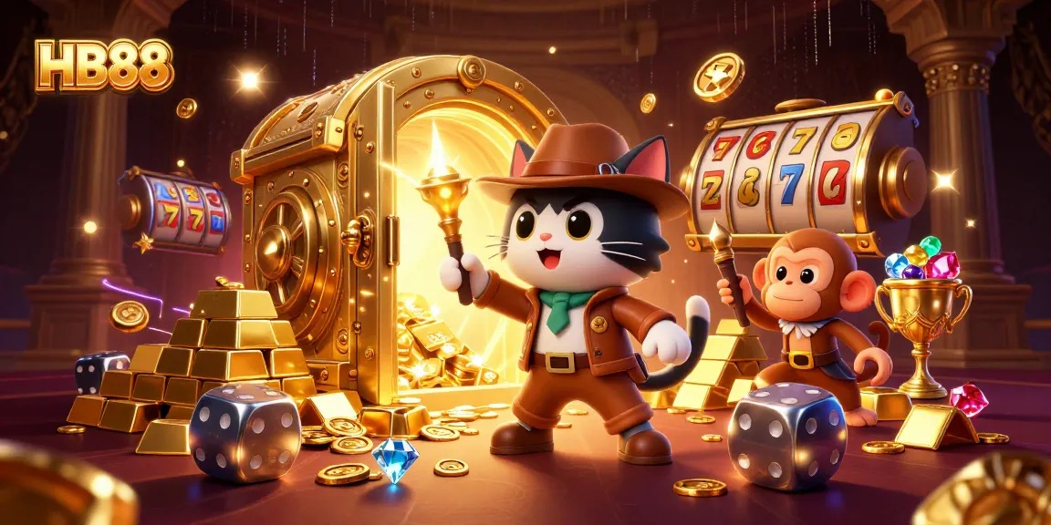 Engage with HB88's thrilling gaming atmosphere featuring an explorer cat and monkey discovering treasures.